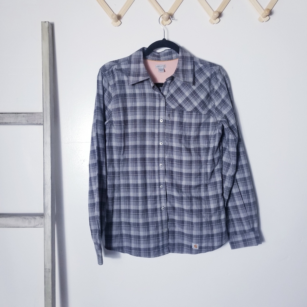 CARHARTT FORCE WOMEN'S BUTTON DOWN SHIRT SIZE SMALL GRAY WITH SOME PINK